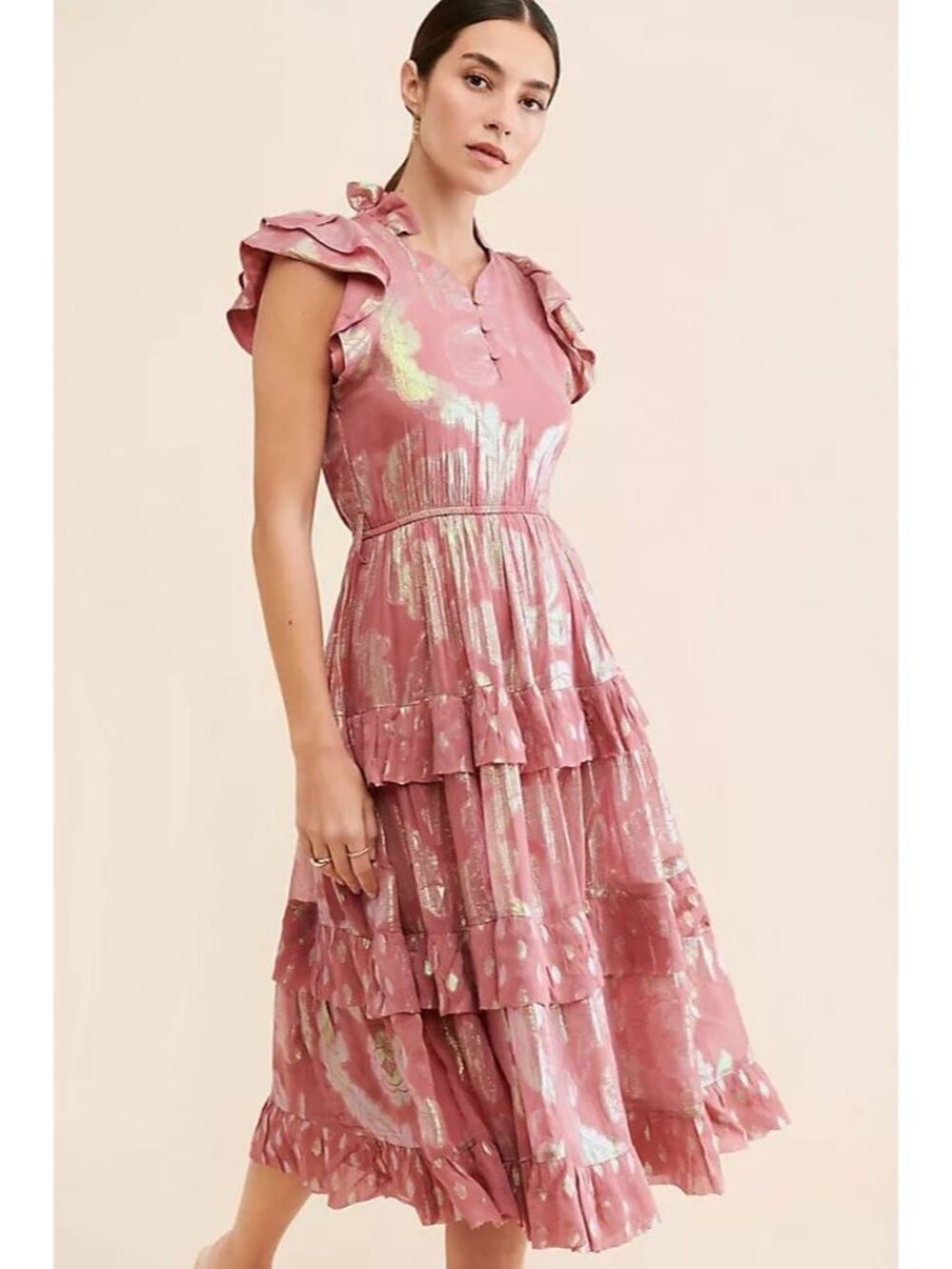 Free People NWT Ollari Orchid Midi Dress Metallic Tiered Ruffles size XS